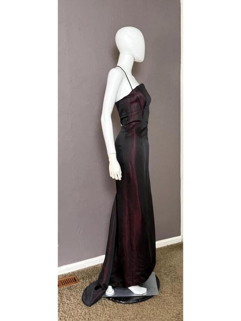 1990's Iridescent Black + Red Satin Gown by GEORGIOU Goth Goddess Sheath +Train - Picture 4 of 13
